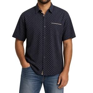 Craft + Flow Shirt Navy Tan Palm Tree Print Button Up Short Sleeve Mens XL